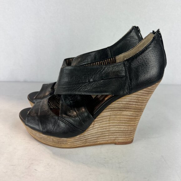 Seychelles Sandals Womens 8.5 Black Leather Wedge Stacked Heel Criss‎ Cross - Picture 4 of 15